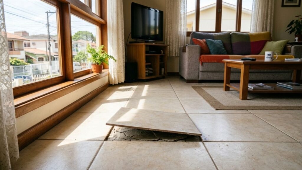 Instalador de piso que assenta porcelanato há 15 anos explica por que a junta de 2 milímetros não é frescura: sem ela o piso estufa no calor, e ele mostra a régua improvisada que garante o espaçamento