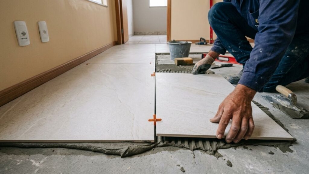 Instalador de piso que assenta porcelanato há 15 anos explica por que a junta de 2 milímetros não é frescura: sem ela o piso estufa no calor, e ele mostra a régua improvisada que garante o espaçamento