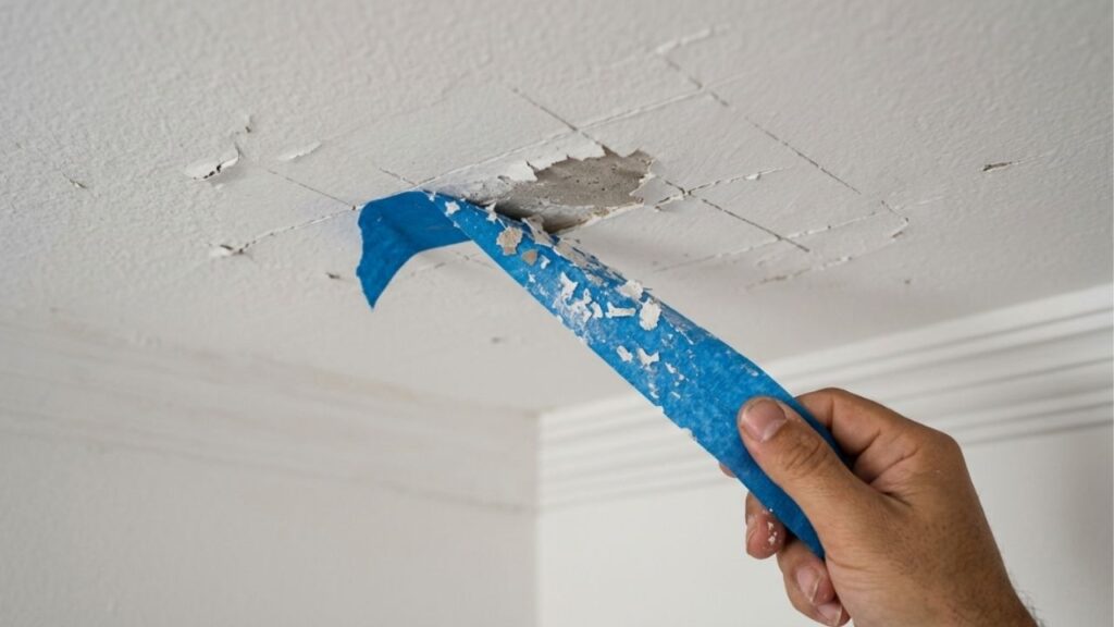 Pintor genial com longos e belos anos de lida alerta que 8 de 10 tetos escuros descascam pelo forte e antigo erro escondido da tinta dura sobre pó grosso grudado e ajuda com a simples e bela fitinha azul nos dedos ali