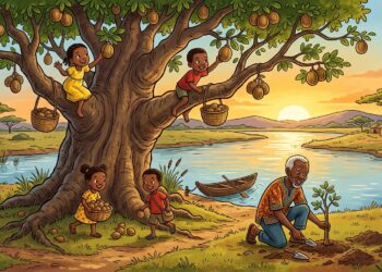 Provérbio congolês do dia: "O rio não bebe a própria água, a árvore não come os próprios frutos", a metáfora sobre esperar a recompensa que ensina que as coisas mais valiosas da vida não são para quem as constrói, são para quem vem depois