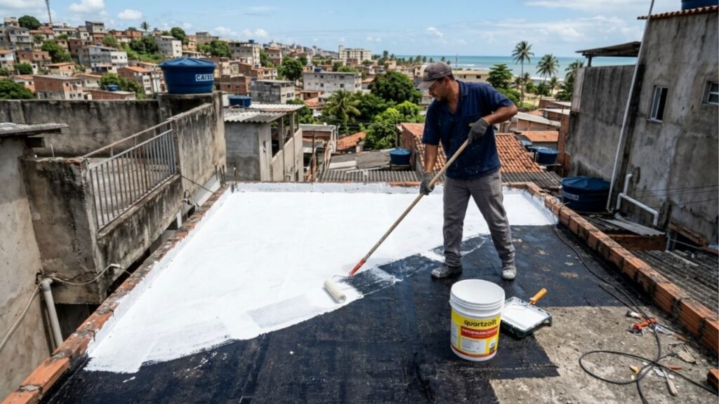 Pedreiro que sela belos tetos de laje há anos repete o mesmo alerta: aplicar a manta betuminosa na superfície fria e pintá-la sob sol abrasador forte sem deixar aquela adequada cura secar completamente amolece a resina de base da manta, e é a goteira silenciosa no quarto caro