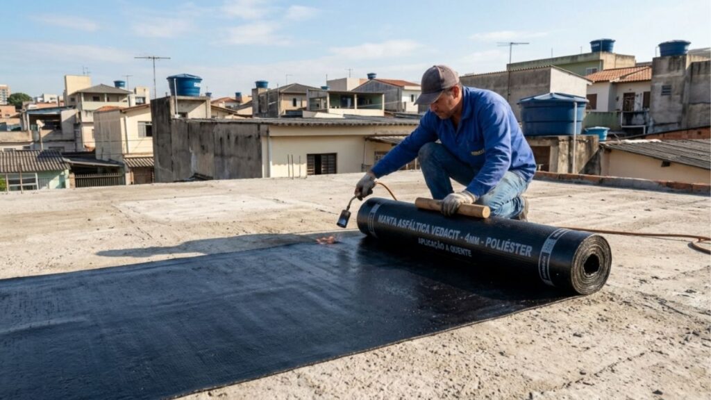 Pedreiro que sela belos tetos de laje há anos repete o mesmo alerta: aplicar a manta betuminosa na superfície fria e pintá-la sob sol abrasador forte sem deixar aquela adequada cura secar completamente amolece a resina de base da manta, e é a goteira silenciosa no quarto caro