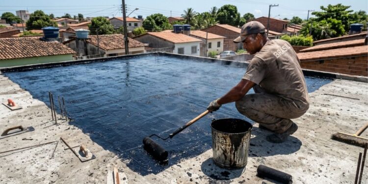 Pedreiro que sela belos tetos de laje há anos repete o mesmo alerta: aplicar a manta betuminosa na superfície fria e pintá-la sob sol abrasador forte sem deixar aquela adequada cura secar completamente amolece a resina de base da manta, e é a goteira silenciosa no quarto caro