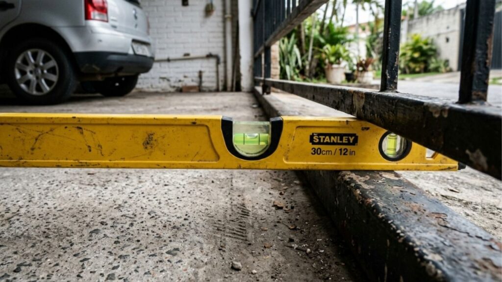 Serralheiro que instala portão há 22 anos diz que 7 em cada 10 motores queimam pelo mesmo erro de nivelamento do trilho, e mostra o teste do nível de bolha que qualquer morador faz em cinco minutos