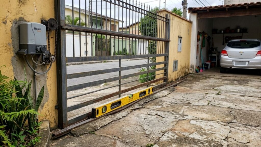Serralheiro que instala portão há 22 anos diz que 7 em cada 10 motores queimam pelo mesmo erro de nivelamento do trilho, e mostra o teste do nível de bolha que qualquer morador faz em cinco minutos