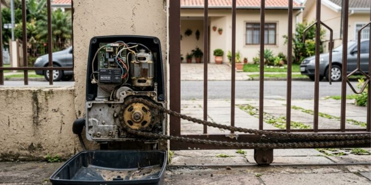 Serralheiro que instala portão há 22 anos diz que 7 em cada 10 motores queimam pelo mesmo erro de nivelamento do trilho, e mostra o teste do nível de bolha que qualquer morador faz em cinco minutos