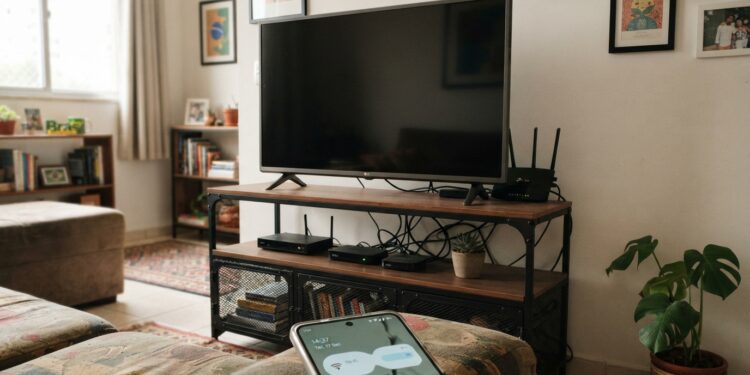 O lugar da casa onde o Wi-Fi perde até 60% do sinal e quase todo mundo coloca o roteador: atrás da TV, entre cabos HDMI e fontes de energia que emitem interferência eletromagnética, técnicos de telecom recomendam instalar o roteador no alto, longe de outros aparelhos e no centro da casa