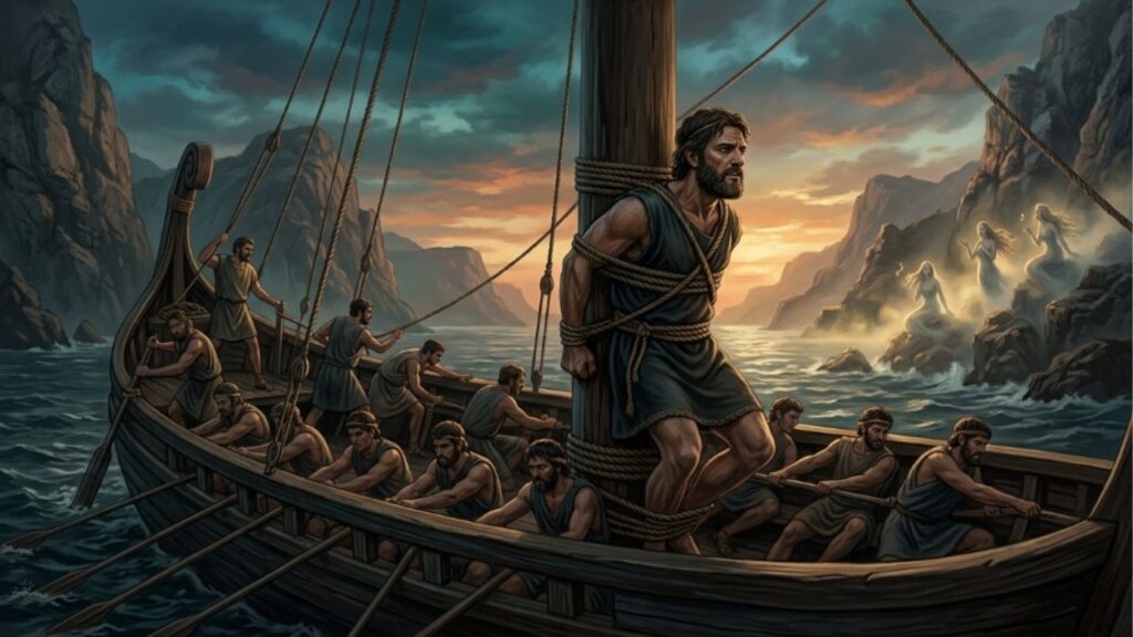 Ulisses, na Odisseia de Homero, resistindo ao canto das sereias amarrado ao mastro, a lição de 2.800 anos sobre saber quando você não pode confiar nas próprias decisões, e por que pedir ajuda antes da tentação é mais forte que resistir sozinho