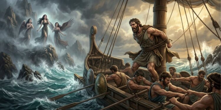 Ulisses, na Odisseia de Homero, resistindo ao canto das sereias amarrado ao mastro, a lição de 2.800 anos sobre saber quando você não pode confiar nas próprias decisões, e por que pedir ajuda antes da tentação é mais forte que resistir sozinho