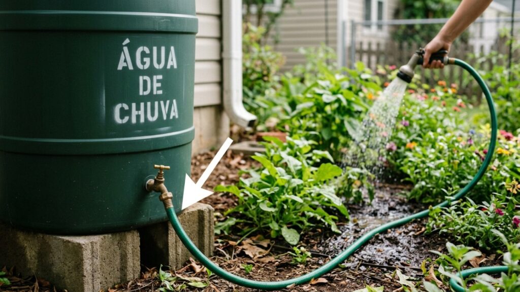 A gambiarra com um tambor conectado à calha que transforma chuva em reserva de água para o quintal: armazena o que cairia no ralo, ajuda a regar plantas sem abrir a torneira, e o único cuidado é manter uma tela na entrada contra folhas e insetos