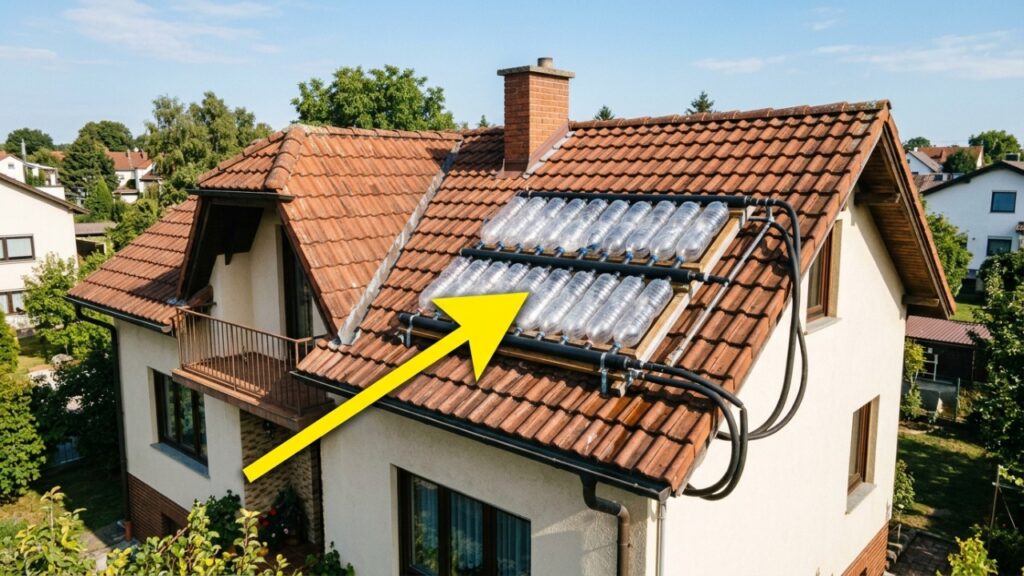 O aquecedor solar de garrafa PET e forro de PVC preto no telhado que eleva a água da caixa em até 15 graus: são necessários 20 garrafas para cada morador, o cano precisa de caimento de 2 centímetros por metro, e o banho mais quente derruba o gasto do chuveiro elétrico