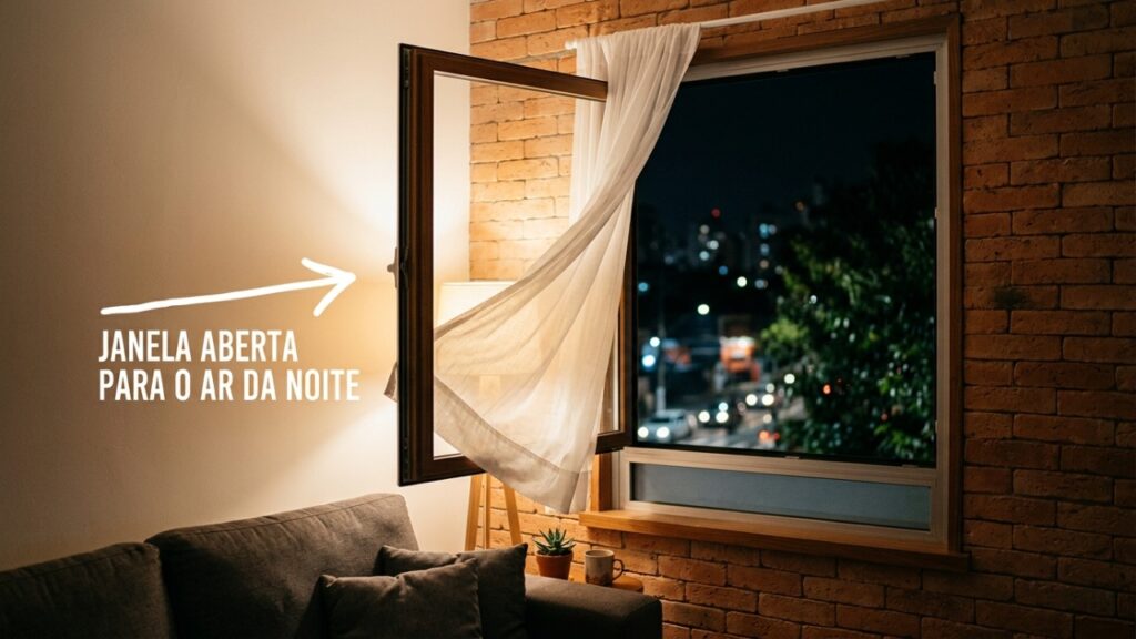 A gambiarra com ventilação cruzada durante a noite que funciona como bateria térmica caseira: o ar externo mais fresco atravessa os cômodos, retira calor acumulado das paredes e do piso e ajuda a manter o interior mais agradável durante parte do dia