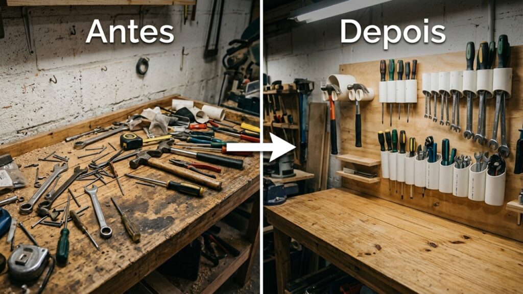 Pedaço de cano PVC vira organizador de ferramentas com uma invenção simples para a garagem
