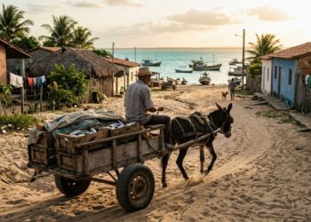 São Lucas mantém ruas de areia e carroças ligadas à pesca artesanal - Imagem criada por inteligência artificial (ChatGPT / Olhar Digital)