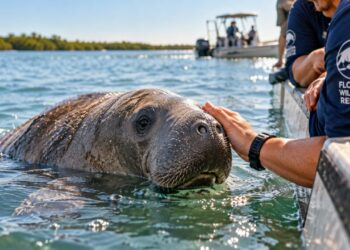 O peixe-boi que ficou ferido após uma provável colisão com uma embarcação, foi recuperado por equipes da Flórida e permaneceu perto da rampa após a soltura, chegando a voltar por alguns instantes enquanto os socorristas iam embora