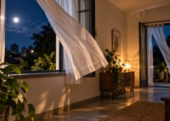 A gambiarra com ventilação cruzada durante a noite que funciona como bateria térmica caseira: o ar externo mais fresco atravessa os cômodos, retira calor acumulado das paredes e do piso e ajuda a manter o interior mais agradável durante parte do dia