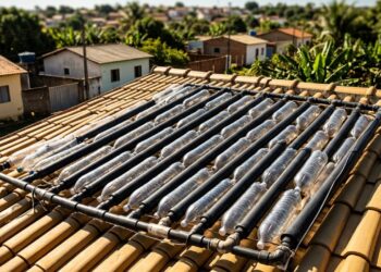 O aquecedor solar de garrafa PET e forro de PVC preto no telhado que eleva a água da caixa em até 15 graus: são necessários 20 garrafas para cada morador, o cano precisa de caimento de 2 centímetros por metro, e o banho mais quente derruba o gasto do chuveiro elétrico