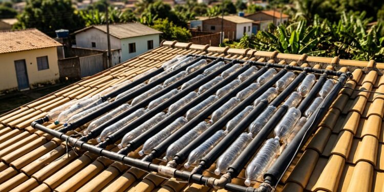 O aquecedor solar de garrafa PET e forro de PVC preto no telhado que eleva a água da caixa em até 15 graus: são necessários 20 garrafas para cada morador, o cano precisa de caimento de 2 centímetros por metro, e o banho mais quente derruba o gasto do chuveiro elétrico