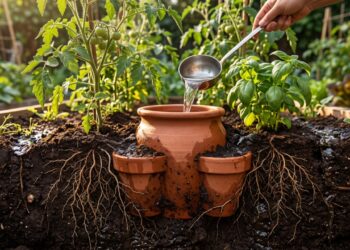 A invenção caseira com dois vasos de terracota unidos e enterrados na horta que vira um reservatório subterrâneo e entrega água diretamente ao solo conforme ele vai secando