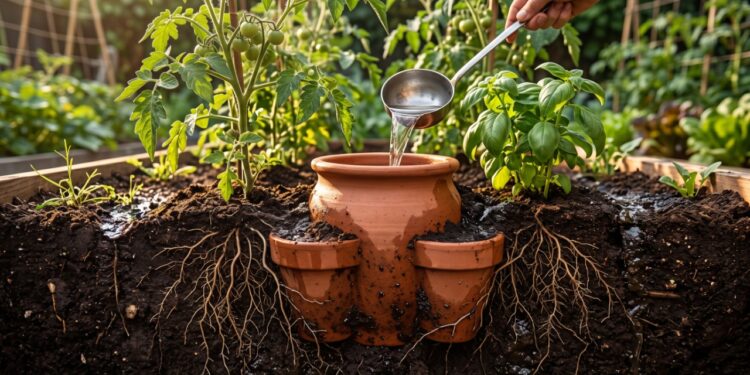 A invenção caseira com dois vasos de terracota unidos e enterrados na horta que vira um reservatório subterrâneo e entrega água diretamente ao solo conforme ele vai secando