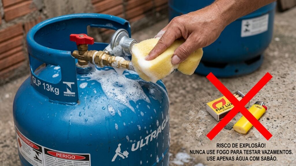 Técnico de gás que troca botijão repete sempre o mesmo alerta: regulador doméstico pede substituição a cada 5 anos e mangueira certificada dentro da validade, vazamento exige teste com espuma de sabão, o recipiente fica em local ventilado, e usar fogo para procurar escape é o que transforma um defeito pequeno em acidente grave