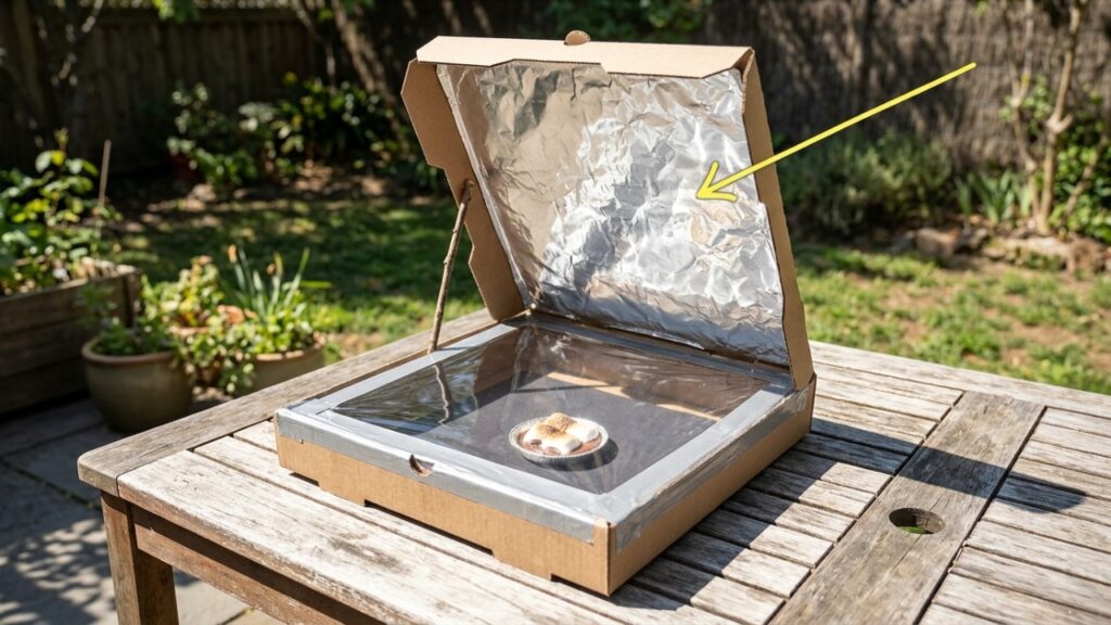 A invenção caseira com uma caixa de pizza, papel-alumínio e plástico transparente que transforma a luz do sol em um pequeno forno solar para aquecer alimentos