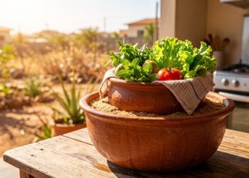 A geladeira de barro feita com dois potes, areia úmida e um pano que conserva alimentos sem eletricidade: usa a evaporação da água para retirar calor, funciona melhor em regiões quentes e secas, e o único cuidado frequente é manter a areia úmida
