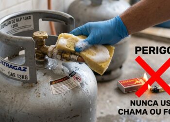Técnico de gás que troca botijão repete sempre o mesmo alerta: regulador doméstico pede substituição a cada 5 anos e mangueira certificada dentro da validade, vazamento exige teste com espuma de sabão, o recipiente fica em local ventilado, e usar fogo para procurar escape é o que transforma um defeito pequeno em acidente grave