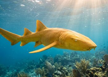 Tubarão-lixa dourado revela um raro caso de xantismo no Caribe - Imagem criada por inteligência artificial (ChatGPT / Olhar Digital)