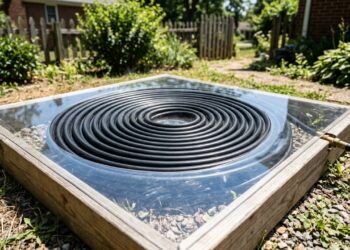 Mangueira preta em espiral absorve calor solar para aquecer água da piscina - Imagem criada por inteligência artificial (ChatGPT / Olhar Digital)