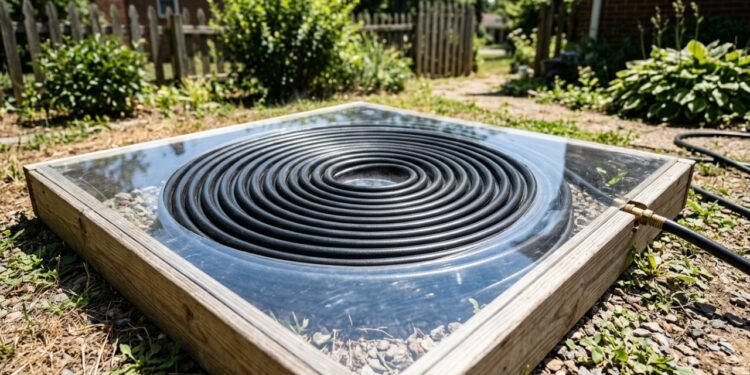 Mangueira preta em espiral absorve calor solar para aquecer água da piscina - Imagem criada por inteligência artificial (ChatGPT / Olhar Digital)