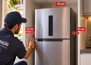 Técnico de refrigeração que posiciona geladeiras há anos repete o mesmo conselho: alguns modelos precisam de 10 centímetros nas laterais, 10 no fundo e 10 no topo, conforme orientação do fabricante, porque deixar o aparelho apertado prejudica a circulação de ar e pode provocar ruídos