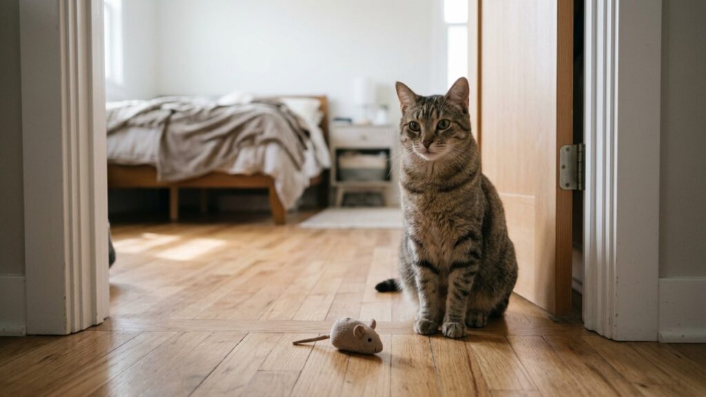 Veterinários explicam por que o gato leva objeto até a porta do quarto e larga ali: é comportamento de ensino, não presente, e três reações comuns do tutor fazem piorar