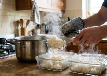 Arroz cozido deve ser resfriado rapidamente para reduzir riscos bacterianos - Imagem criada por inteligência artificial (ChatGPT / Olhar Digital)