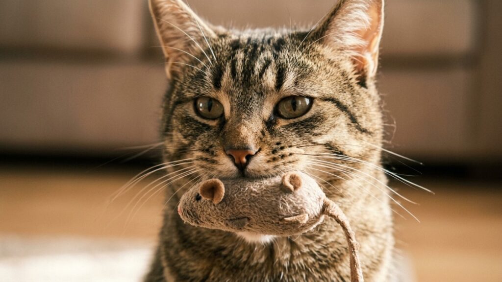 Veterinários explicam por que o gato leva objeto até a porta do quarto e larga ali: é comportamento de ensino, não presente, e três reações comuns do tutor fazem piorar