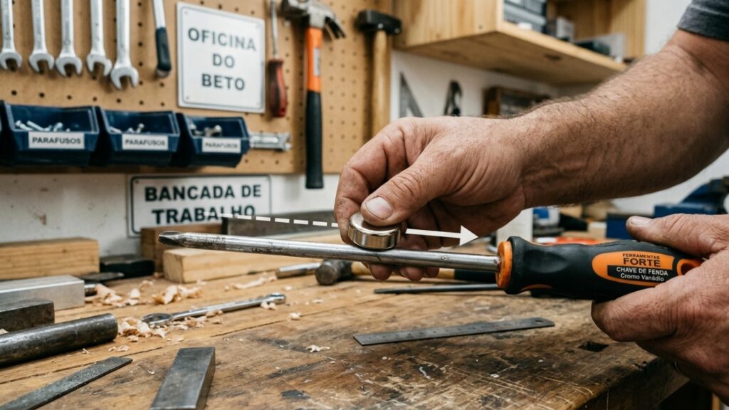 A gambiarra com um ímã de geladeira que faz o parafuso “grudar” na chave em lugares apertados
