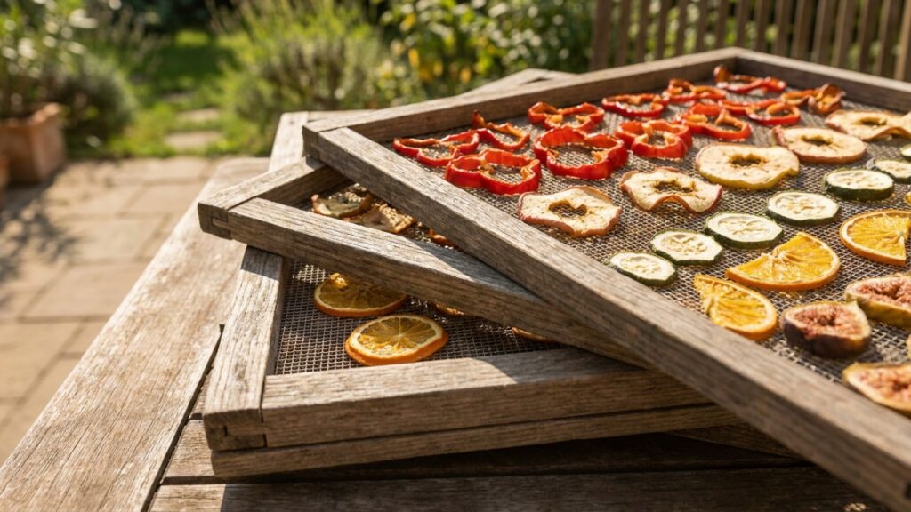 O desidratador caseiro com madeira, tela e cobertura transparente que usa apenas o calor do sol e a circulação natural do ar para retirar a umidade dos alimentos