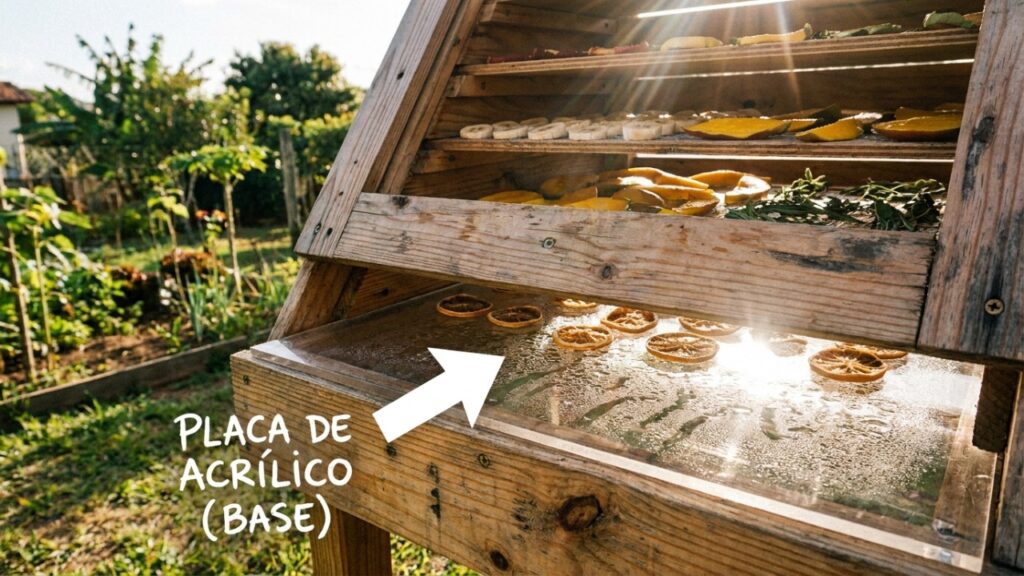 O desidratador caseiro com madeira, tela e cobertura transparente que usa apenas o calor do sol e a circulação natural do ar para retirar a umidade dos alimentos