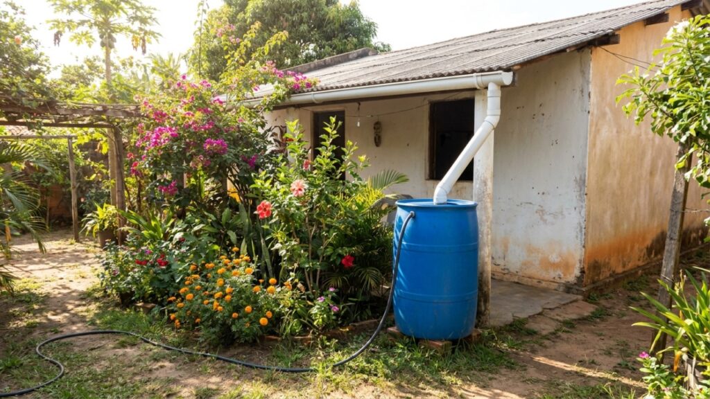 A gambiarra com um tambor ligado à calha que transforma a água da chuva em reserva para regar o jardim sem abrir a torneira