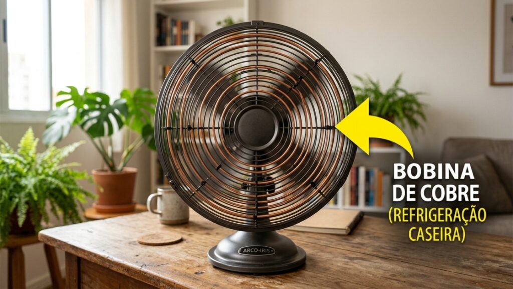 A gambiarra do cano de cobre enrolado atrás do ventilador que gela o quarto como um ar-condicionado: a água fria corre pela serpentina e o ventilador empurra o ar frio pelo cômodo