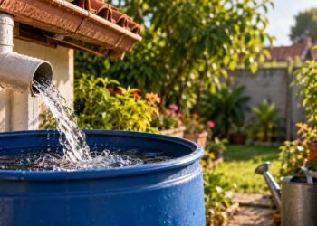 A gambiarra com um tambor ligado à calha que transforma a água da chuva em reserva para regar o jardim sem abrir a torneira