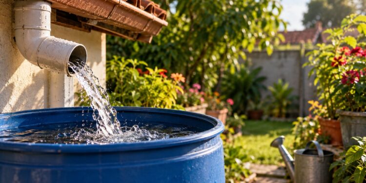 A gambiarra com um tambor ligado à calha que transforma a água da chuva em reserva para regar o jardim sem abrir a torneira
