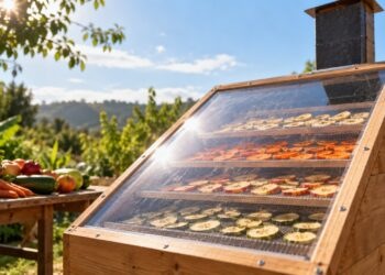 O desidratador caseiro com madeira, tela e cobertura transparente que usa apenas o calor do sol e a circulação natural do ar para retirar a umidade dos alimentos