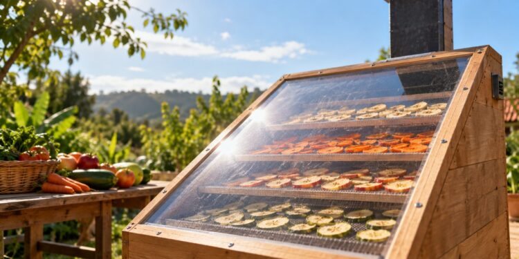 O desidratador caseiro com madeira, tela e cobertura transparente que usa apenas o calor do sol e a circulação natural do ar para retirar a umidade dos alimentos