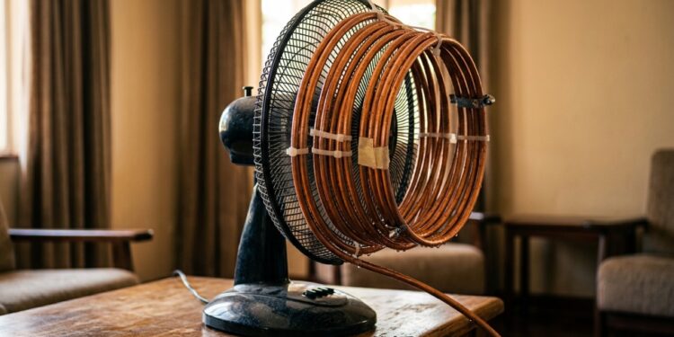 A gambiarra do cano de cobre enrolado atrás do ventilador que gela o quarto como um ar-condicionado: a água fria corre pela serpentina e o ventilador empurra o ar frio pelo cômodo