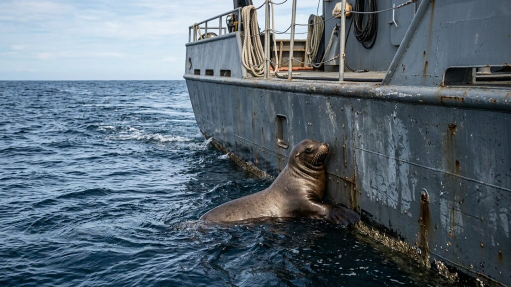 O lobo-marinho que ficou com uma malha apertada no pescoço, foi libertado por uma equipe da Sea Shepherd e voltou até o navio para tocá-lo, como se estivesse procurando novamente quem havia acabado de salvá-lo