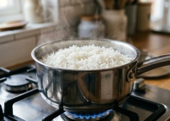 Basta colocar 1 colher na água do arroz, ele não fica empapado e os grãos permanecem bem soltinhos