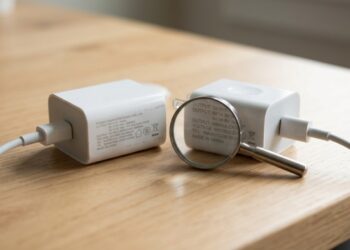 Dois carregadores de celular parecem iguais, mas um entrega 20 watts e o outro 5, e o número que decide isso está impresso em letra minúscula na própria peça
