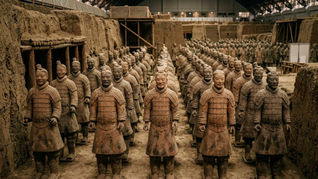 Um agricultor chinês cavou um poço em 1974, bateu numa cabeça de barro e desenterrou 8 mil soldados em tamanho real, e passou o resto da vida autografando livros na entrada do sítio arqueológico por um salário mínimo