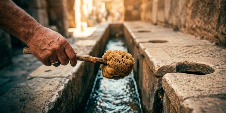 Arqueólogos abriram uma latrina pública romana com 50 assentos sem divisória e encontraram a esponja compartilhada em vara que servia de papel higiênico, além do motivo pelo qual o romano conversava de negócios ali